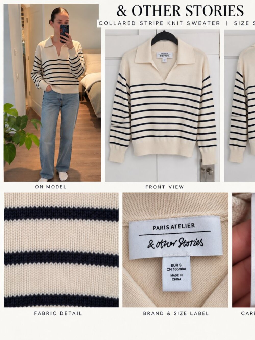 & Other Stories Cream Navy Striped Cotton Collared Sweater S